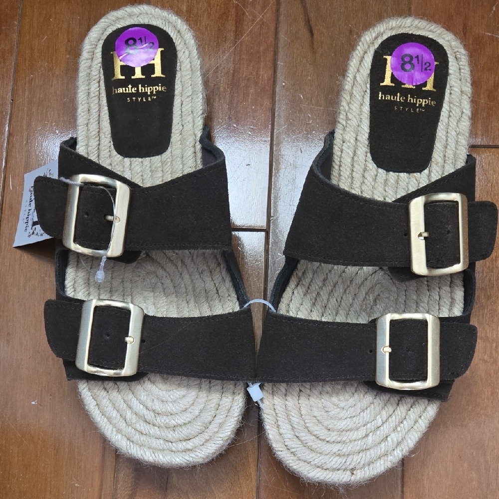 Haute Hippie Black Sandals with Gold Buckles